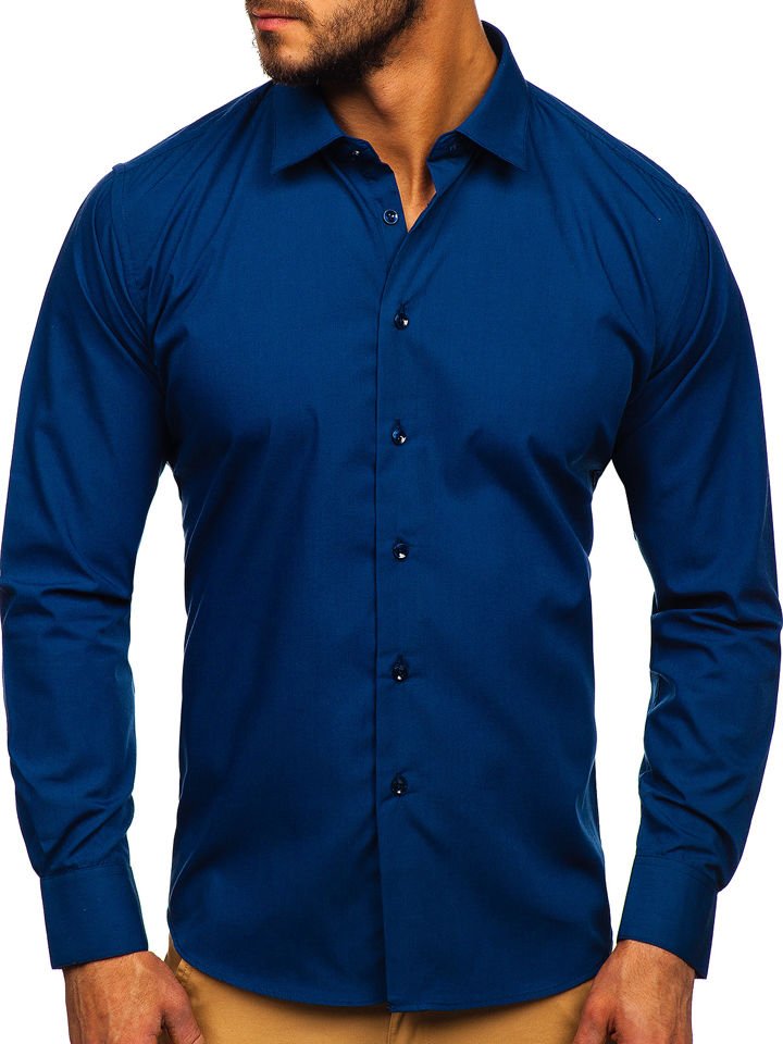 

Чоловіча елегантна сорочка з довгим рукавом темно-синя Bolf 0001
