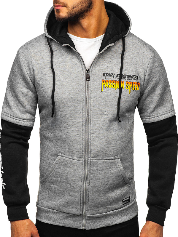 Сіра чоловіча худі з капюшоном-кенгуру з принтом Bolf HY611