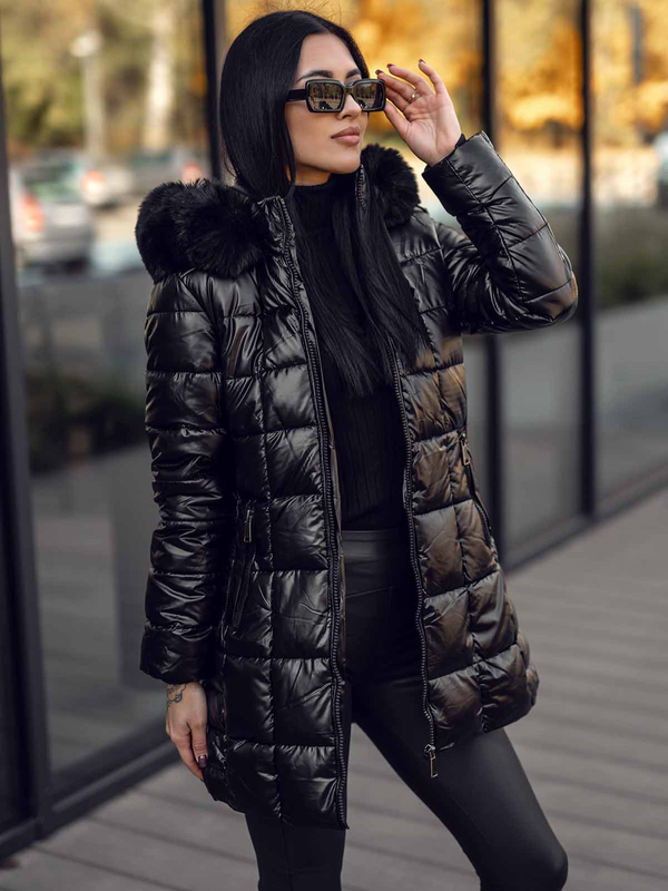 Чорна довга жіноча зимова стьобана куртка-пальто з капюшоном Bolf 16M9120A