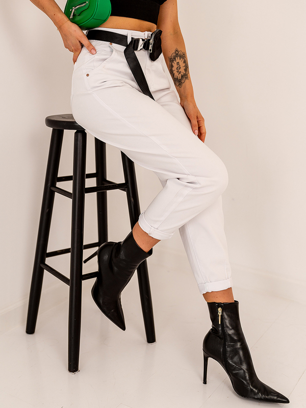 Білі жіночі джинси з завищеною талією на ремені з сумкою Bolf LA688A