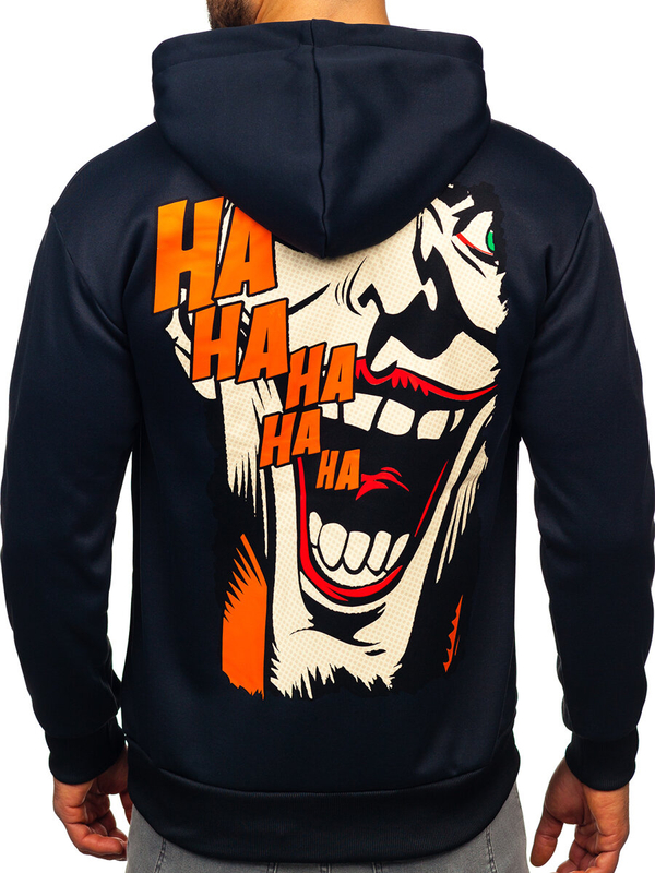 Темно-синій чоловічий худі кенгуру з принтом Bolf M286