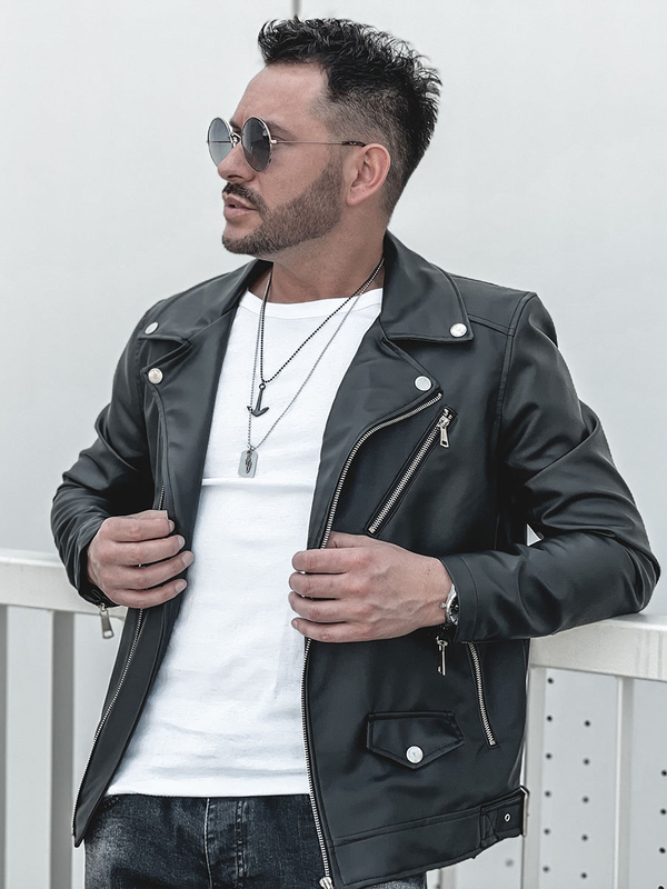 Чорна рамонеська шкіряна куртка чоловіча Bolf 0006-A