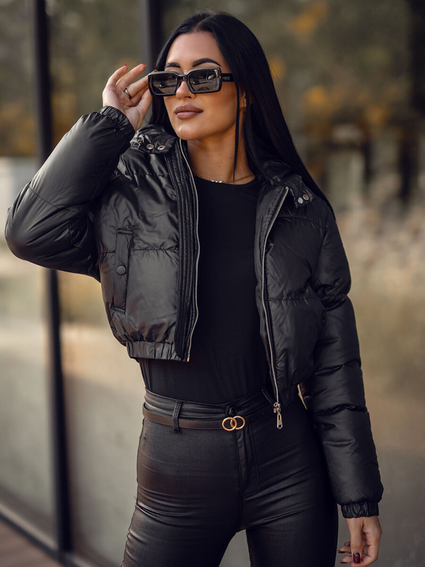 Чорна стьобана коротка жіноча зимова куртка з капюшоном Bolf 5M3260