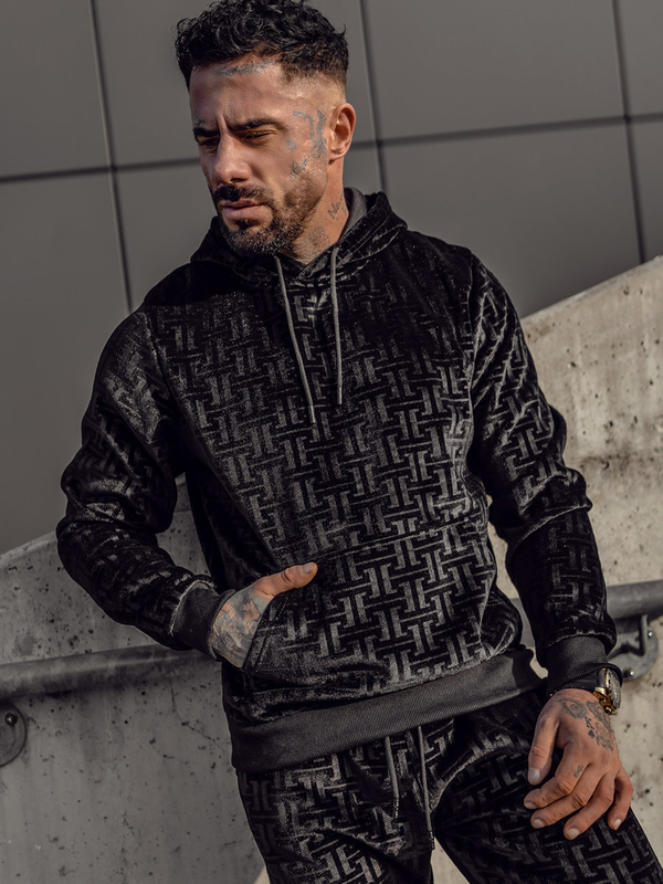 Чорний велюровий чоловічий спортивний костюм з капюшоном Bolf 3A81