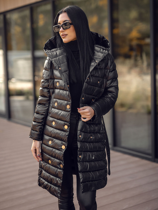 Чорна довга стьобана куртка жіноча перехідна з капюшоном Bolf 5M3219