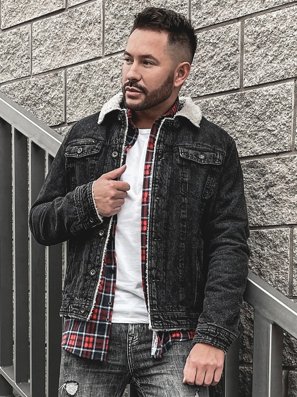 Чорна чоловіча джинсова куртка тракер з хутряною підкладкою Bolf 1159