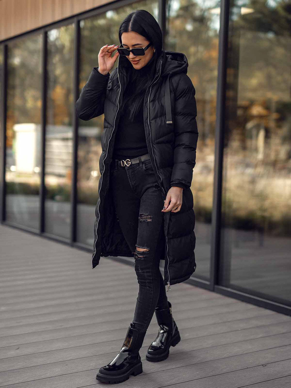 Чорна довга жіноча зимова жіноча демісезонна куртка з капюшоном Bolf 5M736