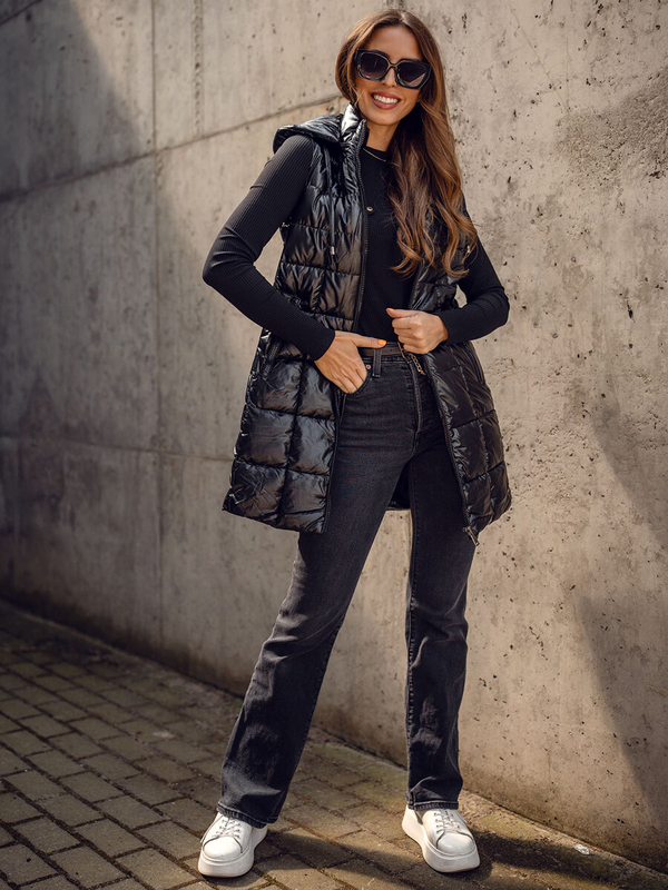 Чорна подовжена стьобана жіноча жилетка Bolf 16M9123A