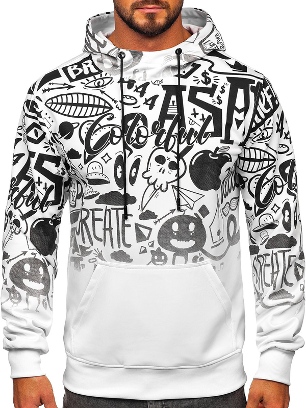 Біла чоловіча толстовка кенгуру з принтом Bolf 8B995
